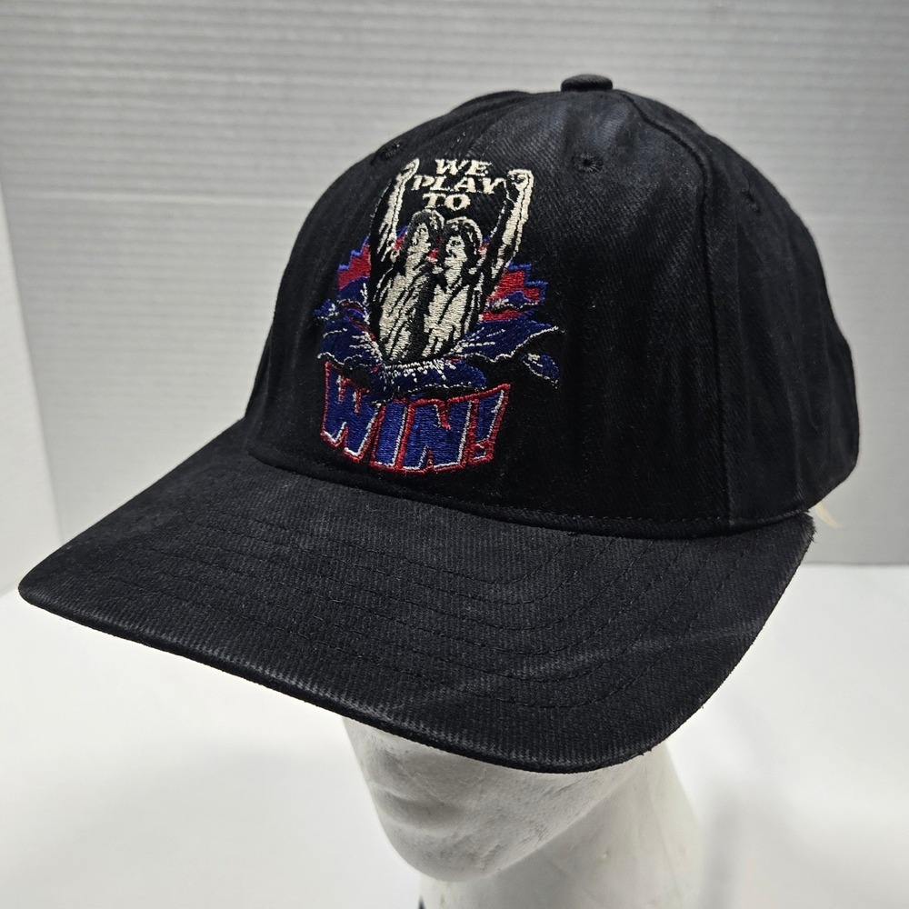 Vintage American Needle Hat USA Made We Play To Win Black Strapback Dad Cap 90s